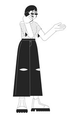 Korean woman arguing on phone black and white cartoon flat illustration. Complaining female 2D lineart character isolated. Emotional expressing, body language monochrome scene vector outline image