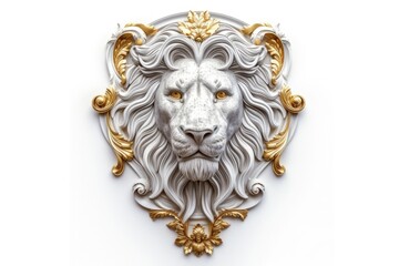 Fototapeta na wymiar Lion head emblem made of silver with gold ornaments, logo, white background.