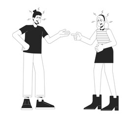 Caucasian couple quarrel black and white cartoon flat illustration. Relationship difficulties 2D lineart characters isolated. Emotional expressing, body language monochrome scene vector outline image