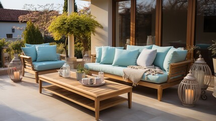 Cream and Light Blue Outdoor Lounge Set