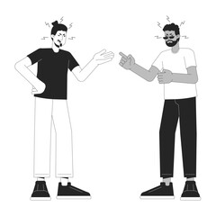 Two men arguing black and white cartoon flat illustration. Male friends, boyfriends yelling 2D lineart characters isolated. Emotional expressing, body language monochrome scene vector outline image