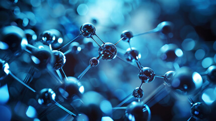 Scientific backdrop. Molecular structure at atomic level. Dark blue background.Medical technology concept. Generative AI