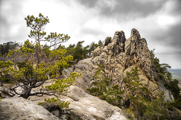 Die drei steilaufragenden Felsnadeln der Sandsteinformation Hamburger Wappen (Drei Zinnen, Timmenrode) als Teil der Teufelsmauer im Harz.