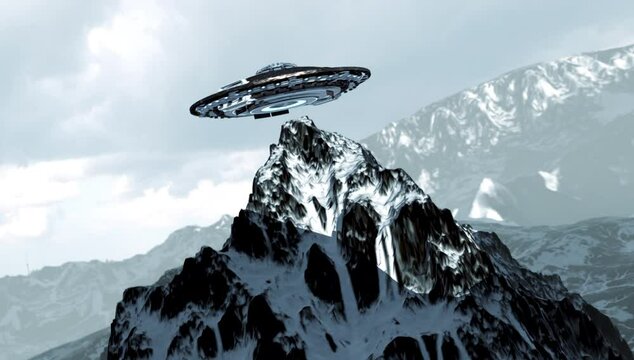 Flying saucer above majestic mountain top peak, aerial
Alien sci fi concept, 3d rendering, 4K, 2024
