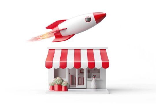 Red and white awning and rocket taking off, startup and online stores concept, white background.
