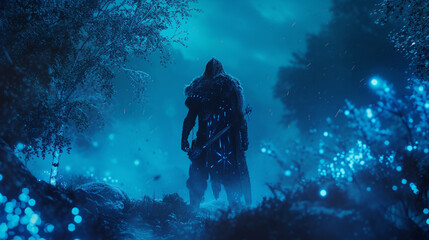 A neon sfumato wide shot of a formidable Viking warrior standing amidst an ancient forest