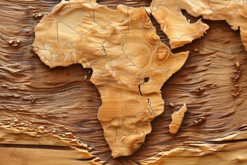 Map of Africa carved in wood, wooden background.