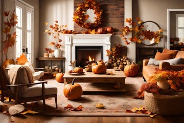 Fototapeta na wymiar an autumn-themed living room with a cozy fireplace, fall decor, and a warm, inviting setting.