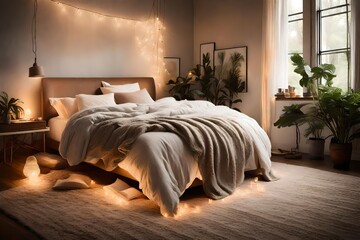 a cozy bedroom with soft lighting, plush bedding, and a serene color palette.