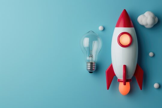 Rocket next to a light bulb, startup concept, idea and creativity, blue background.