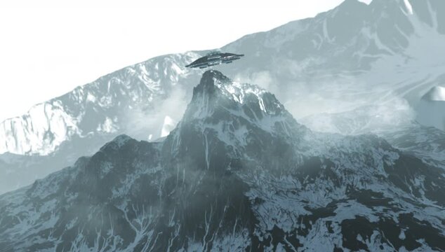Flying saucer ufo above majestic mountain top peak, aerial
Alien sci fi concept, 3d rendering, 4K, 2024
