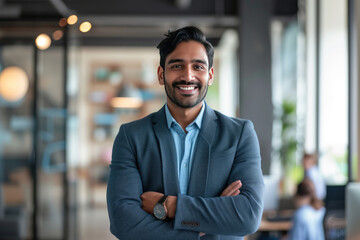 Fototapeta premium Cheerful Indian businessman with a bright smile in a modern workplace
