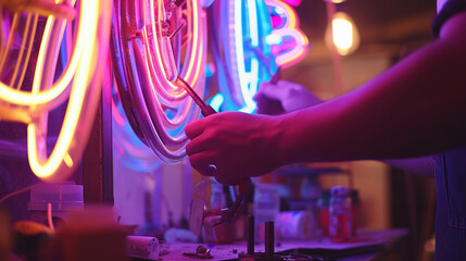 A neon sign artist meticulously bending tubes into intricate shapes - obrazy, fototapety, plakaty