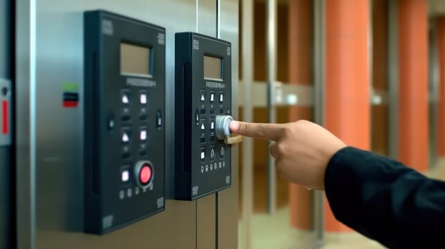 Proximity card reader door unlock, Hand security man using ID card on fingerprint scanning access control system for identity verification to open the door or for security
