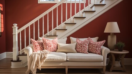 Cream and Red Throw Blanket Stair Railing