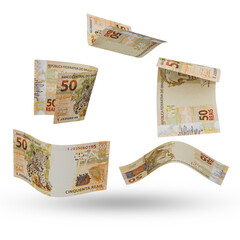 3D rendering of Stacks of Brazilian Money 50 Reais Banknotes
