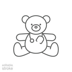 Toy medical icon. Simple outline style. Health, hospital, kid, medicine, bear with stethoscope concept. Thin line symbol. Vector illustration isolated. Editable stroke.