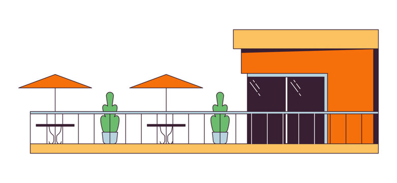 Modern cafe balcony 2D linear cartoon object. Contemporary restaurant patio isolated line vector element white background. Glass window building terrace tables umbrellas color flat spot illustration