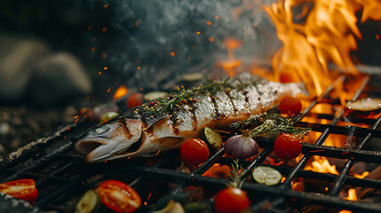 Grilled fish with rosemary, garlic and tomatoes on the grill - obrazy, fototapety, plakaty