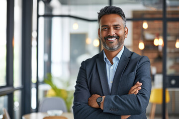 Cheerful Indian businessman with a bright smile in a modern workplace
