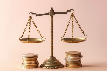 Scales with coins, finance and investment concept, beige background.
