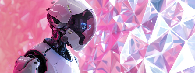 Metallic white cyborg on a background of pink crystals, copyspace