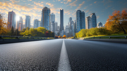 A picturesque scene unfolds as an asphalt road winds through the cityscape