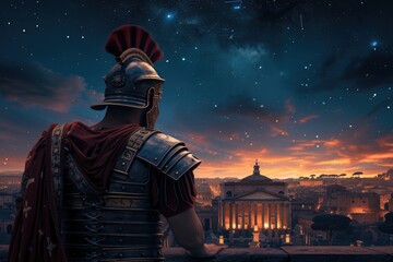 Fototapeta premium Roman soldier with his back, city of Rome in the background.