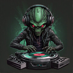Alien dj playing vinyl turntables , centered urban style painting, edm party poster