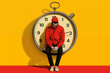 young man in comics style sitting on a clock