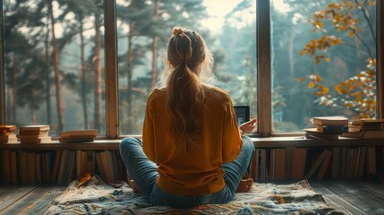 Naklejka premium A young woman resting at a beautiful country house or hotel, sitting with a tablet on the window sill enjoying the view of a pine forest. View from outside. Beautiful vacation destinations.