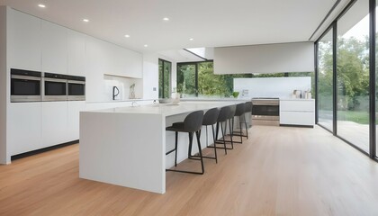 Kitchen interior in beautiful new luxury home with kitchen island and wooden floor bright modern minimal style with copy space
