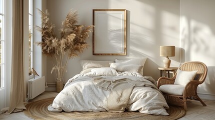 An interior design of a cozy bedroom with a mockup poster frame, bed, sage bedding, beige plaid, lamp, boucle armchair, wooden bedside table, and personal accessories. Home decor. Template. - obrazy, fototapety, plakaty
