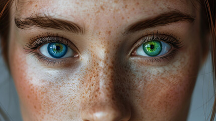 Close-up portrait of a girl with heterochromia, featuring one vibrant green eye and the other...
