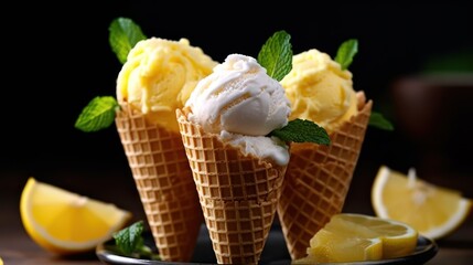 Lemon ice cream in delightful waffle cones, a treat for every taste bud. - obrazy, fototapety, plakaty