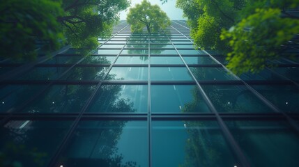 Building that reduces carbon dioxide. Sustainable green building in a modern city. Corporate building with green environments. Air-conditioning in a corporate building. - obrazy, fototapety, plakaty