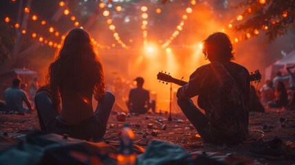 A group of teenagers sits in front of a stage at a summer music festival