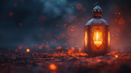 An ornamental Arabic lantern with a burning candle glowing in the night. A festive greeting card, invitation for Ramadan Kareem, the Muslim holy month.