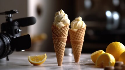 Lemon ice cream in delightful waffle cones, a treat for every taste bud. - obrazy, fototapety, plakaty