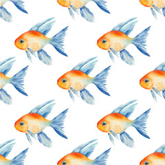 Vector seamless pattern with a golden fish. Watercolour fish ornament for wallpaper, wrapping paper, fabric designs