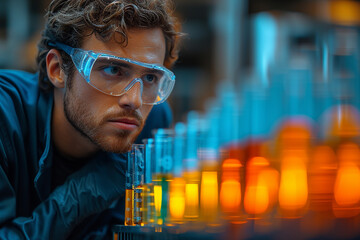 Scientist in lab coat and goggles holds test tube with colorful liquid, chemistry experiment concept. - obrazy, fototapety, plakaty