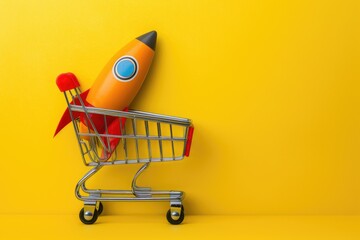 Rocket inside a shopping cart, startup concept, online sales and e-commerce, yellow background.