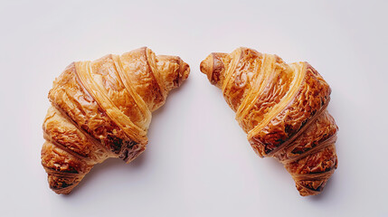 Two golden brown croissants on a Light background, showcasing their flaky layers and inviting appearance.