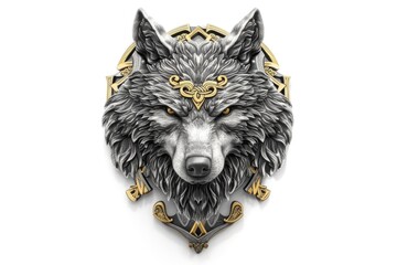 Silver wolf head emblem with gold ornaments, logo, wolf amulet, white background.