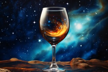 a wine glass with a colorful galaxy in the background - obrazy, fototapety, plakaty