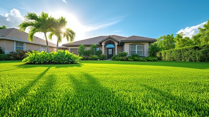 Real estate. Luxury residence, hotel, beautiful holiday resort house on the background of a green lawn with palm tree