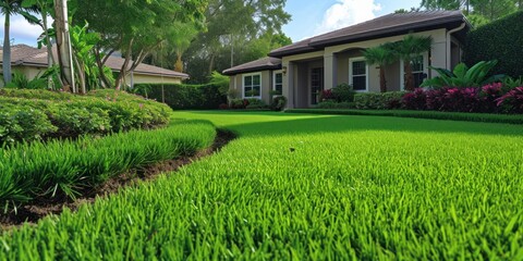 Real estate. Luxury residence, hotel, beautiful holiday resort house on the background of a green lawn with palm tree