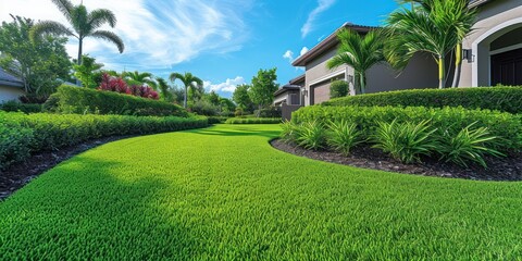 Real estate. Luxury residence, hotel, beautiful holiday resort house on the background of a green lawn with palm tree - obrazy, fototapety, plakaty