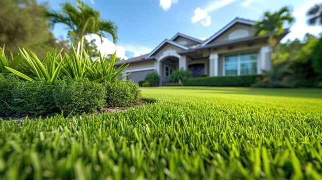 Real estate. Luxury residence, hotel, beautiful holiday resort house on the background of a green lawn with palm tree