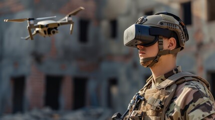 Military FPV drone  operator  in vr glasses